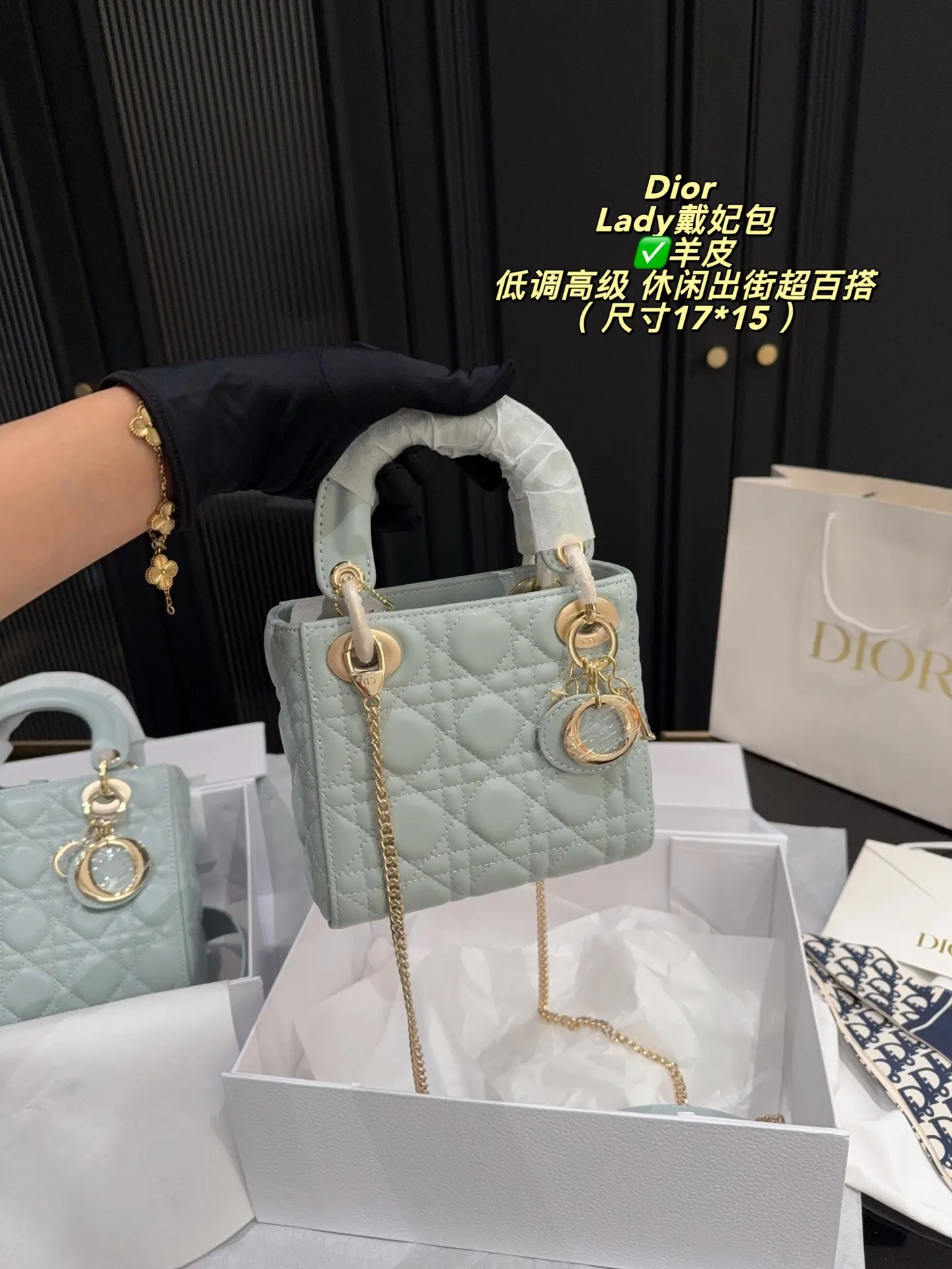 ✅羊皮大号p250折叠盒⚠️尺寸20*17 ✅羊皮小号p240折叠盒⚠️尺寸17*15 Dior迪奥经典Lady戴妃包,优质羊皮+淡金金属扣,优雅精致✨。标志性“Cannage”藤格纹缝线,搭配可拆卸链条肩带,手提斜挎都OK!日常通勤、约会都能轻松驾驭。雾霾蓝低饱和度,温柔百搭,春夏穿搭超加分~这款包不仅实用,更是身份与品味的象征,深受时尚达人喜爱💼。