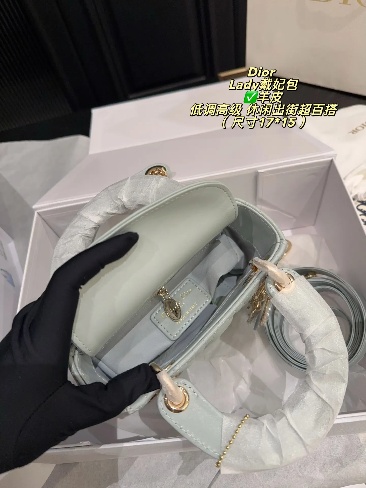 ✅羊皮大号p250折叠盒⚠️尺寸20*17 ✅羊皮小号p240折叠盒⚠️尺寸17*15 Dior迪奥经典Lady戴妃包，优质羊皮+淡金金属扣，优雅精致✨。标志性&ldquo;Cannage&rdquo;藤格纹缝线，搭配可拆卸链条肩带，手提斜挎都OK！日常通勤、约会都能轻松驾驭。雾霾蓝低饱和度，温柔百搭，春夏穿搭超加分～这款包不仅实用，更是身份与品味的象征，深受时尚达人喜爱💼。