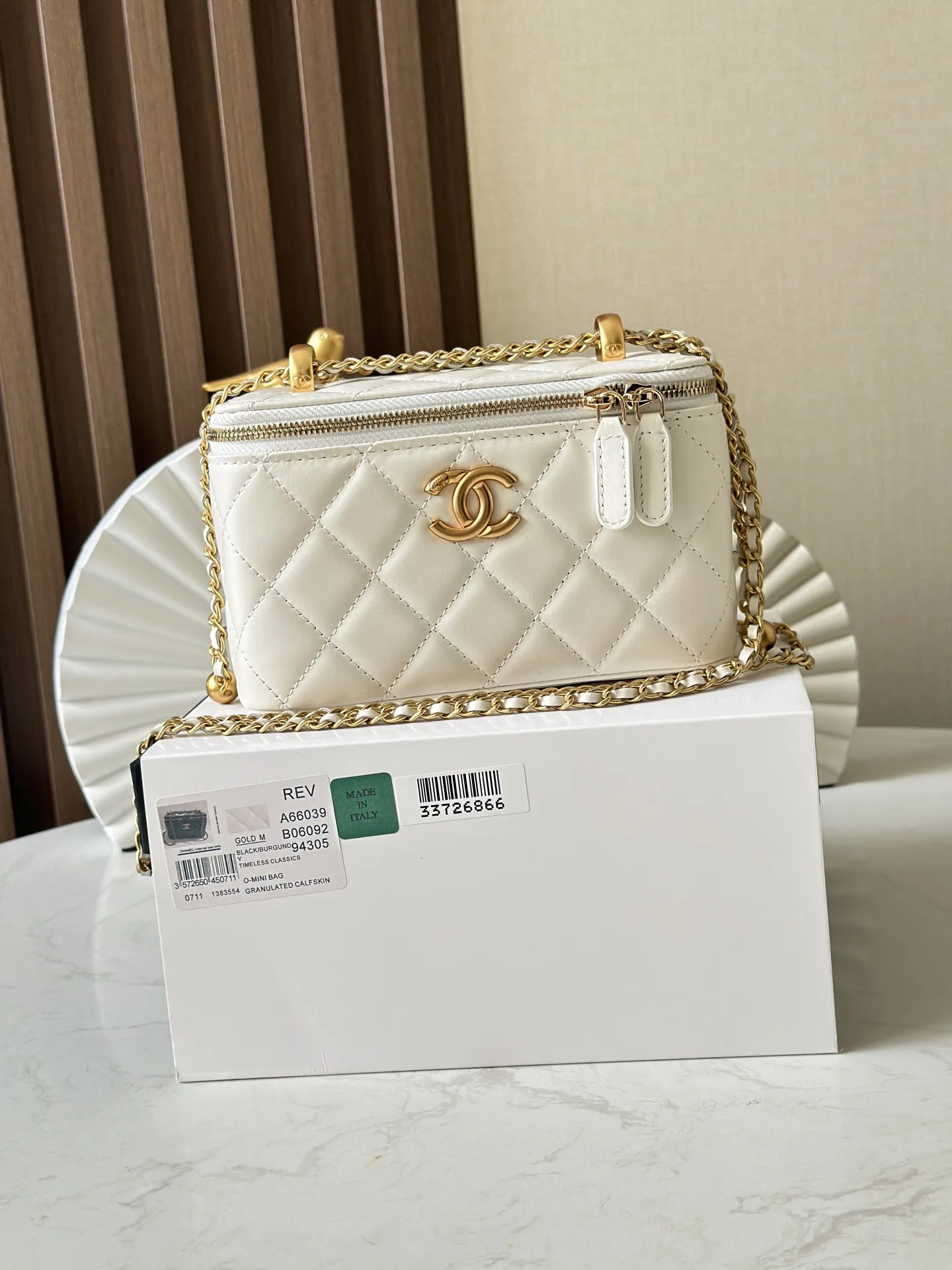 Chanel 24C Double Gold Ball Vanity Case White - Adjustable Chain Luxury Handbag