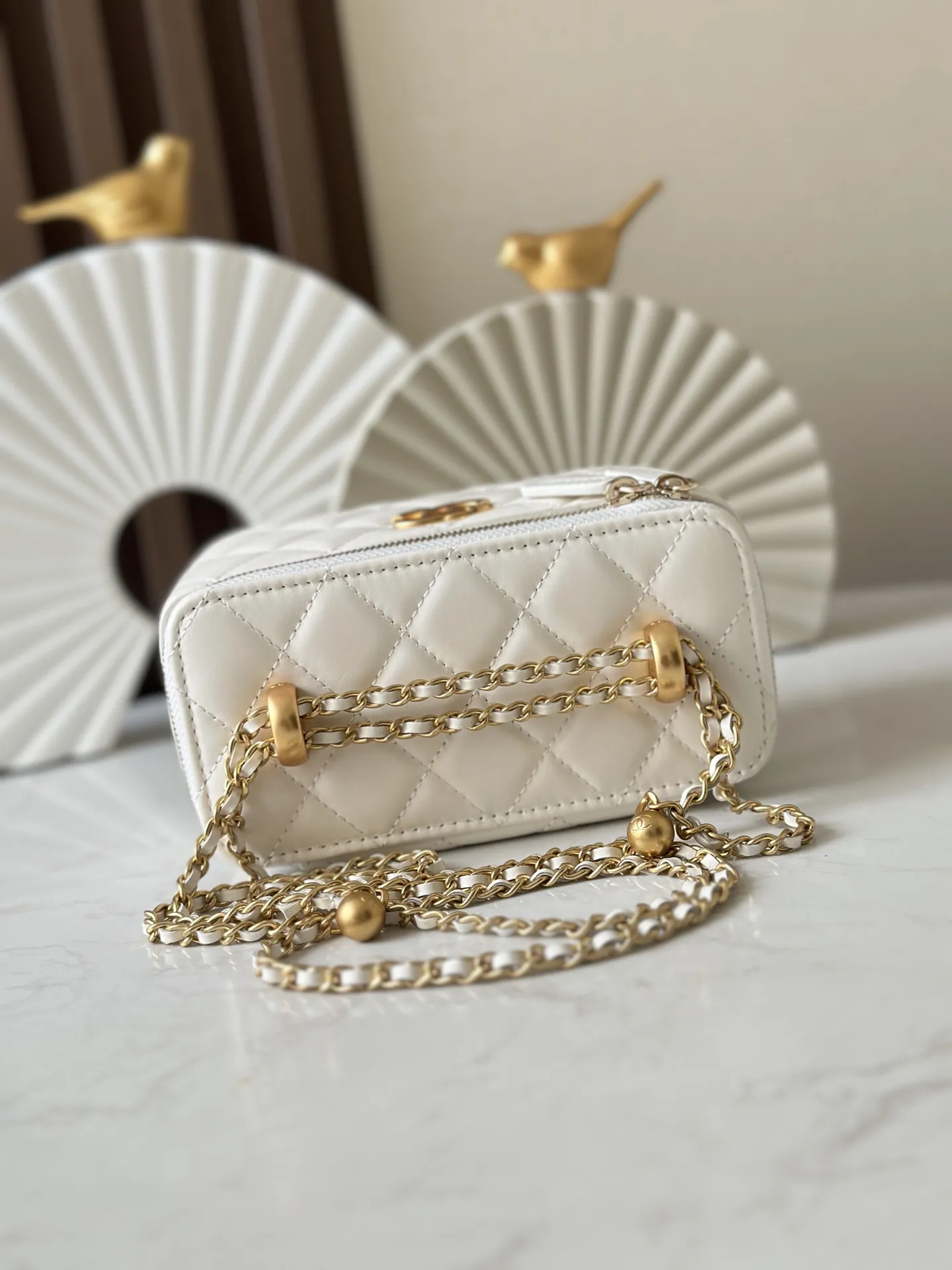 Chanel 66039 Double Gold Ball Shoulder Bag - Adjustable Strap Length for Crossbody