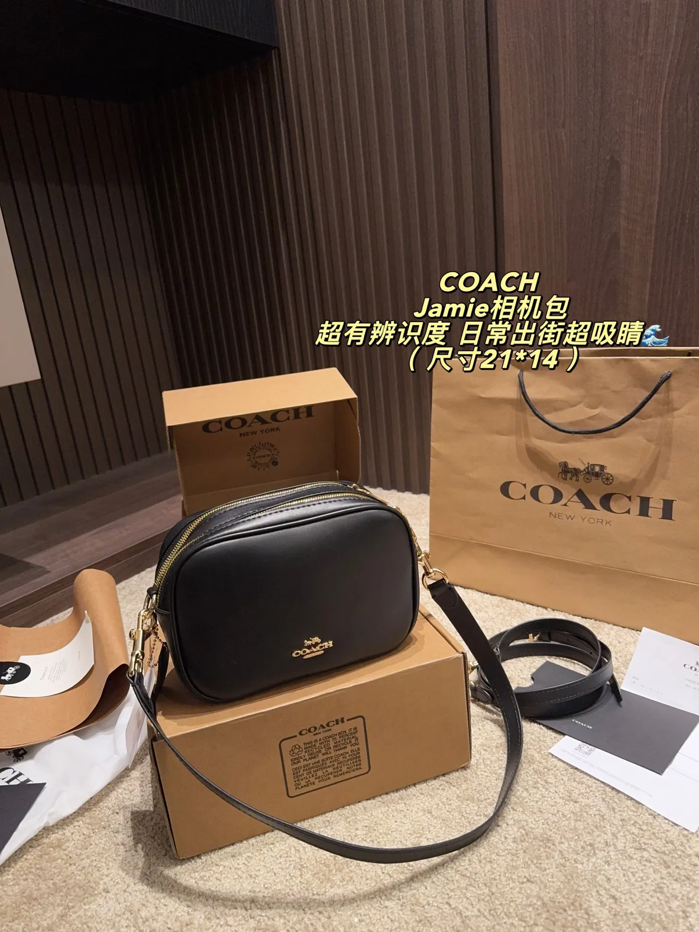 p160飞机盒⚠️尺寸21*14 COACH 蔻驰Jamie相机包,金属拉链&Logo点缀,简约又经典✨。小号设计,日常通勤、休闲出街都超适合,肩带可调节,单肩/斜挎随心切换。内部空间合理,手机、钱包、化妆品都能装下,实用又时髦!Jamie系列是COACH经典款,耐用又百搭,深受大家喜爱,性价比很高哦~
