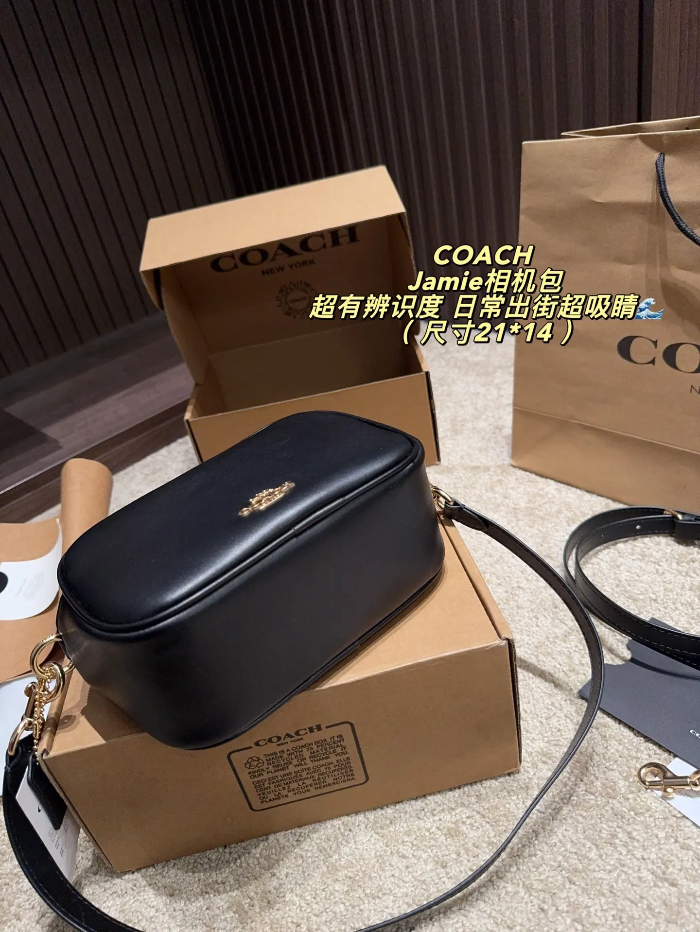 p160飞机盒⚠️尺寸21*14 COACH 蔻驰Jamie相机包，金属拉链&Logo点缀，简约又经典✨。小号设计，日常通勤、休闲出街都超适合，肩带可调节，单肩/斜挎随心切换。内部空间合理，手机、钱包、化妆品都能装下，实用又时髦！Jamie系列是COACH经典款，耐用又百搭，深受大家喜爱，性价比很高哦～