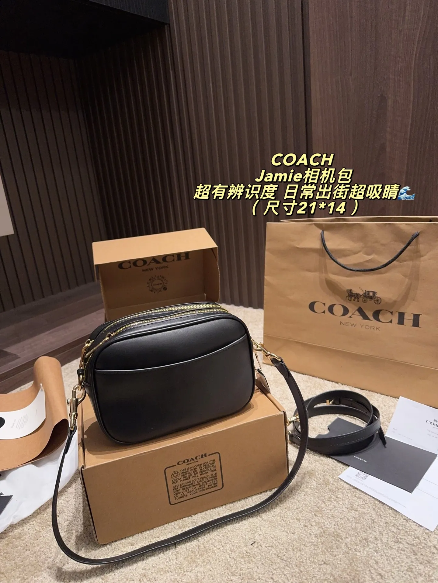 p160飞机盒⚠️尺寸21*14 COACH 蔻驰Jamie相机包，金属拉链&Logo点缀，简约又经典✨。小号设计，日常通勤、休闲出街都超适合，肩带可调节，单肩/斜挎随心切换。内部空间合理，手机、钱包、化妆品都能装下，实用又时髦！Jamie系列是COACH经典款，耐用又百搭，深受大家喜爱，性价比很高哦～