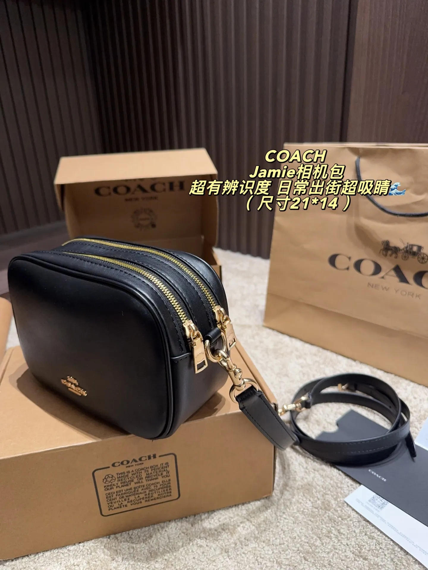 p160飞机盒⚠️尺寸21*14 COACH 蔻驰Jamie相机包，金属拉链&Logo点缀，简约又经典✨。小号设计，日常通勤、休闲出街都超适合，肩带可调节，单肩/斜挎随心切换。内部空间合理，手机、钱包、化妆品都能装下，实用又时髦！Jamie系列是COACH经典款，耐用又百搭，深受大家喜爱，性价比很高哦～