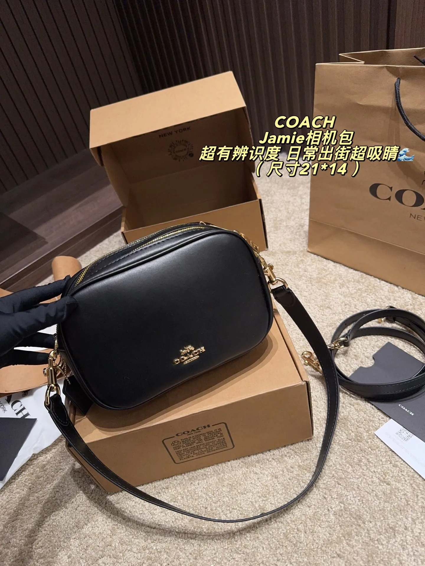 p160飞机盒⚠️尺寸21*14 COACH 蔻驰Jamie相机包，金属拉链&Logo点缀，简约又经典✨。小号设计，日常通勤、休闲出街都超适合，肩带可调节，单肩/斜挎随心切换。内部空间合理，手机、钱包、化妆品都能装下，实用又时髦！Jamie系列是COACH经典款，耐用又百搭，深受大家喜爱，性价比很高哦～