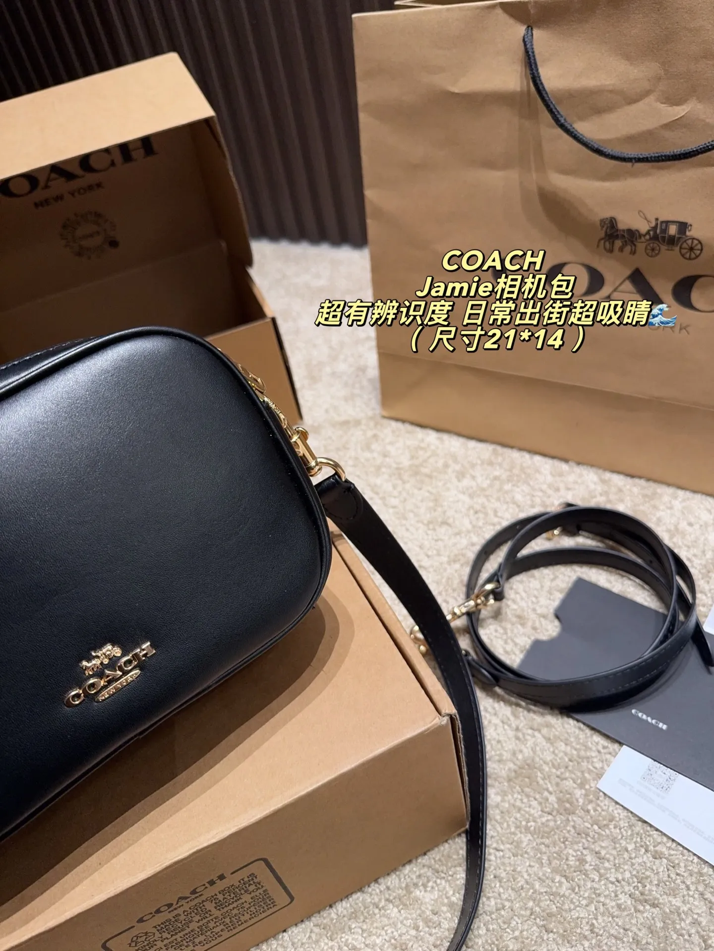 p160飞机盒⚠️尺寸21*14 COACH 蔻驰Jamie相机包,金属拉链&Logo点缀,简约又经典✨。小号设计,日常通勤、休闲出街都超适合,肩带可调节,单肩/斜挎随心切换。内部空间合理,手机、钱包、化妆品都能装下,实用又时髦!Jamie系列是COACH经典款,耐用又百搭,深受大家喜爱,性价比很高哦~