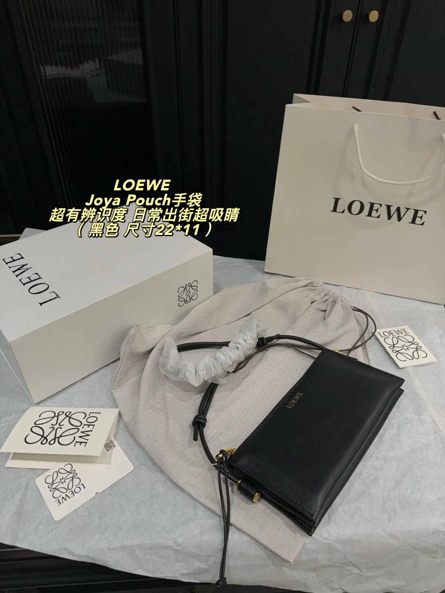 p215配盒⚠️尺寸22*11 罗意威LOEWE Joya Pouch手袋，手感细腻耐用，金色Logo低调精致✨。抽绳肩带设计，手拿或斜挎都很方便，简约又实用。尺寸适中，通勤出行都能轻松装下日常小物。Joya系列延续品牌手工工艺，细节满分，低调奢华，超适合喜欢质感和设计感的姐妹们！