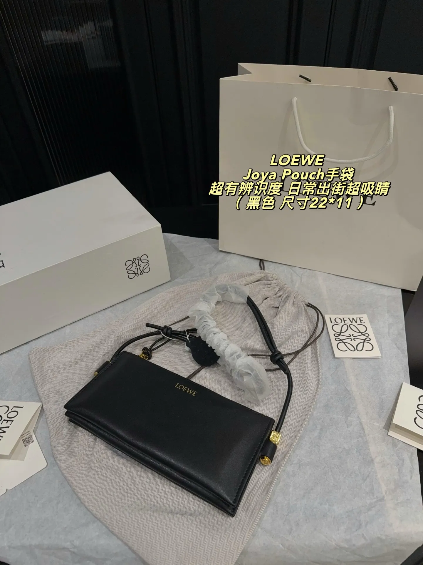 p215配盒⚠️尺寸22*11 罗意威LOEWE Joya Pouch手袋，手感细腻耐用，金色Logo低调精致✨。抽绳肩带设计，手拿或斜挎都很方便，简约又实用。尺寸适中，通勤出行都能轻松装下日常小物。Joya系列延续品牌手工工艺，细节满分，低调奢华，超适合喜欢质感和设计感的姐妹们！