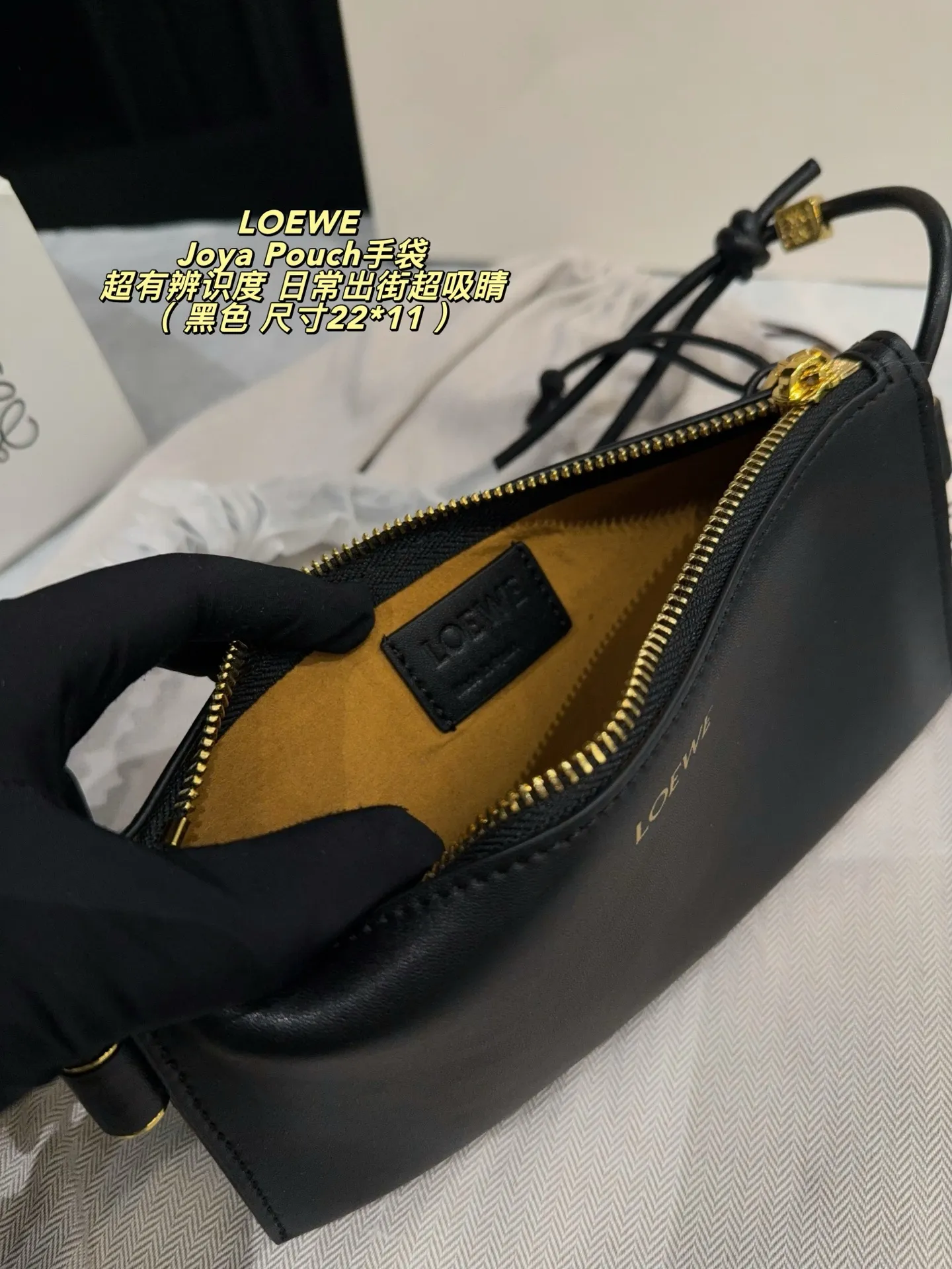 p215配盒⚠️尺寸22*11 罗意威LOEWE Joya Pouch手袋，手感细腻耐用，金色Logo低调精致✨。抽绳肩带设计，手拿或斜挎都很方便，简约又实用。尺寸适中，通勤出行都能轻松装下日常小物。Joya系列延续品牌手工工艺，细节满分，低调奢华，超适合喜欢质感和设计感的姐妹们！