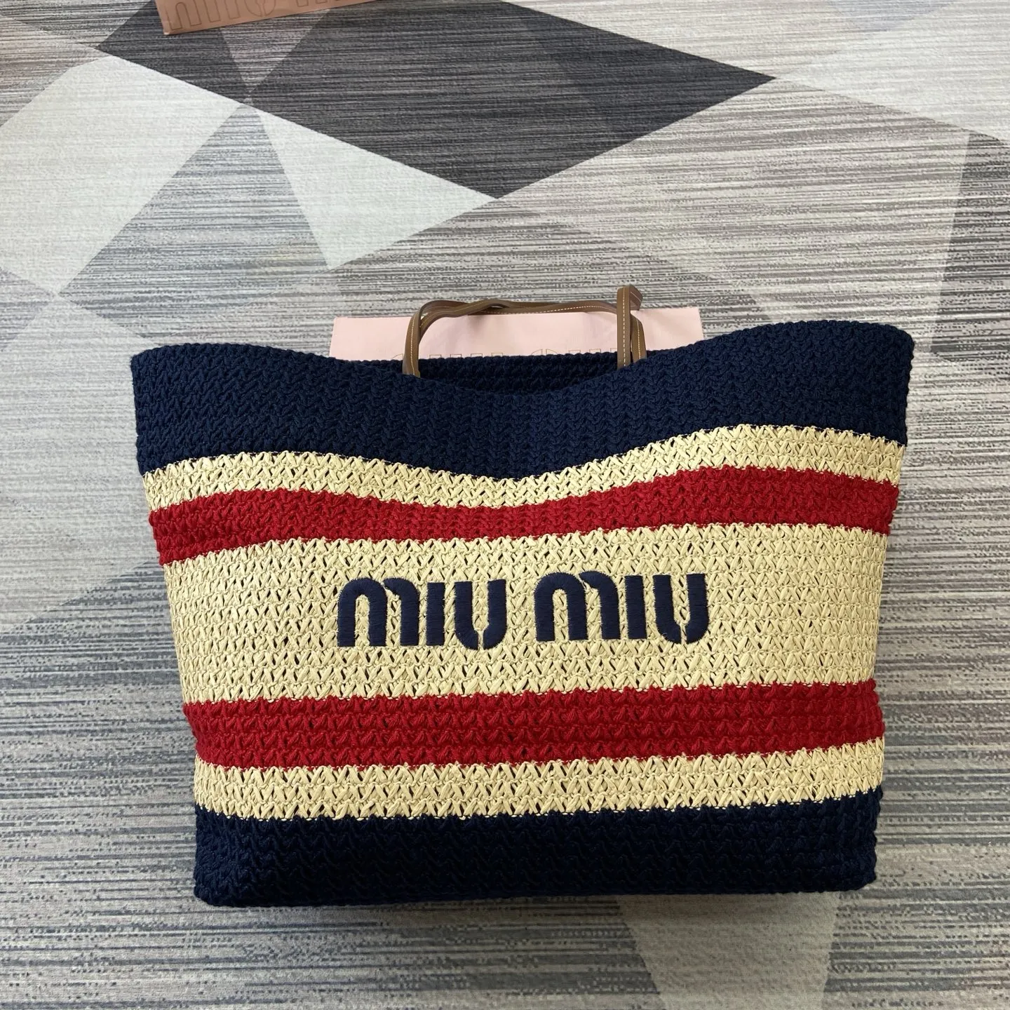 Miu Miu navy blue raffia tote bag, luxury woven summer handbag 5BG228, premium quality beach bag