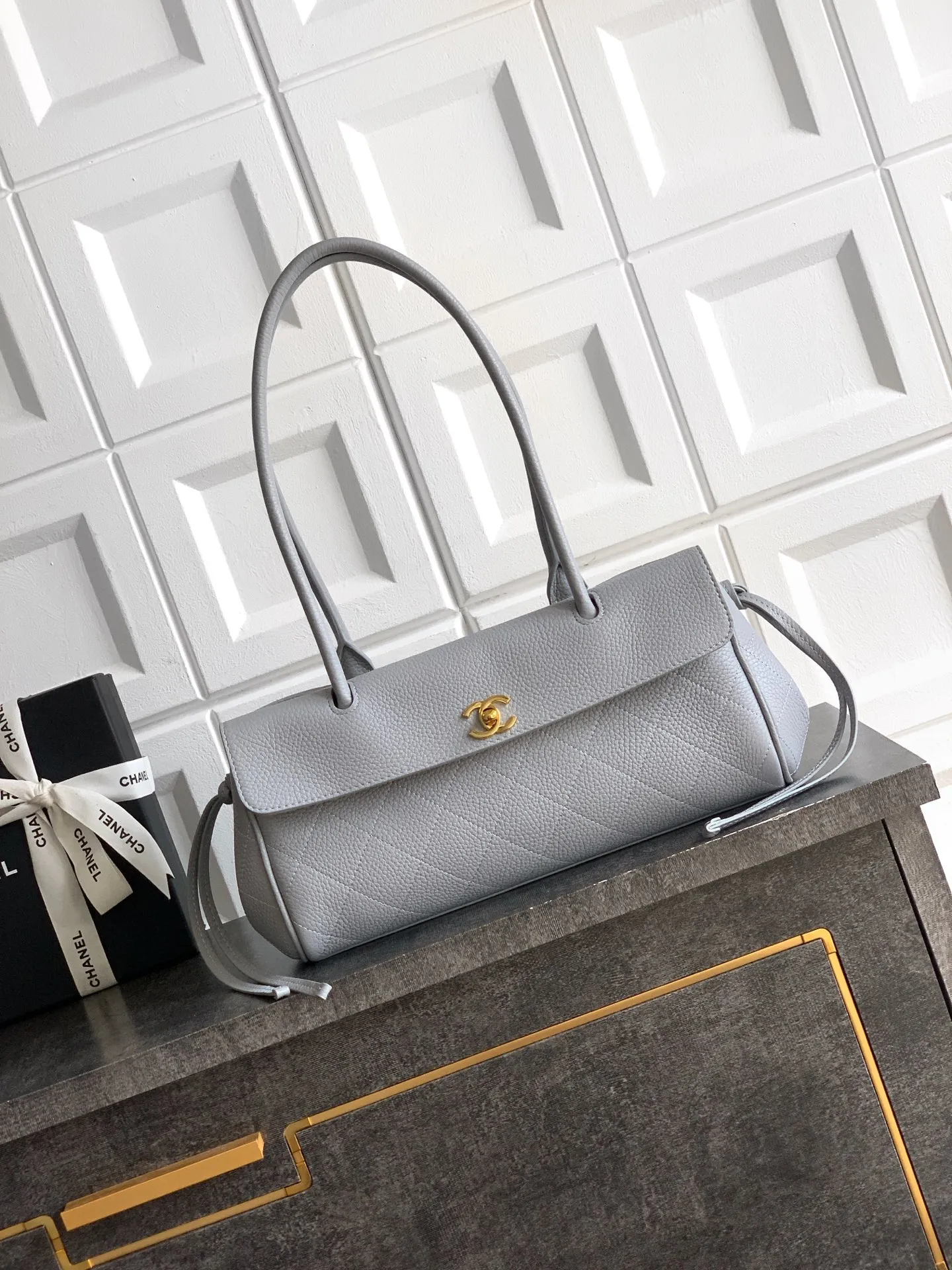 Chanel Bowling Bag grey, luxury caviar leather handbag France, classic designer bag, xiashuluxe