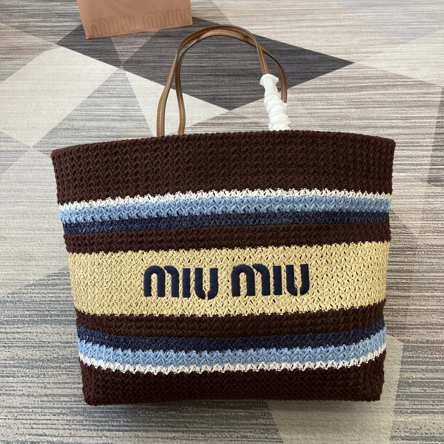 Miu Miu raffia tote bag brown, luxury woven summer handbag, designer beach bag 5BG228, xiashuluxe