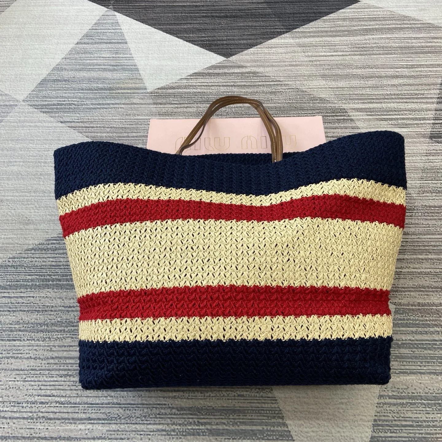 Miu Miu 5BG228 navy raffia embroidered tote, authentic style summer holiday bag, large capacity handbag