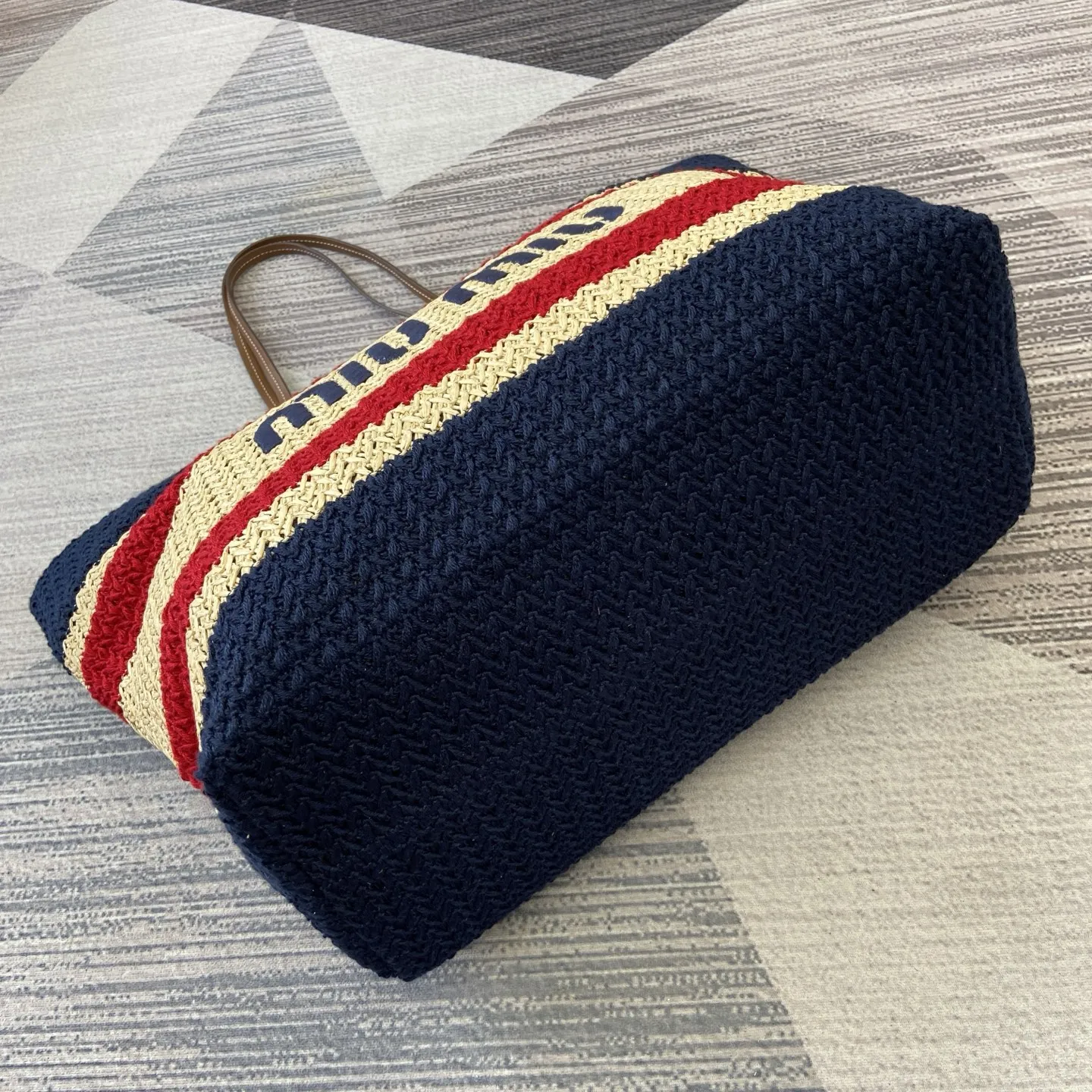 Miu Miu 5BG228 navy raffia tote, lightweight summer beach handbag, stylish travel accessory