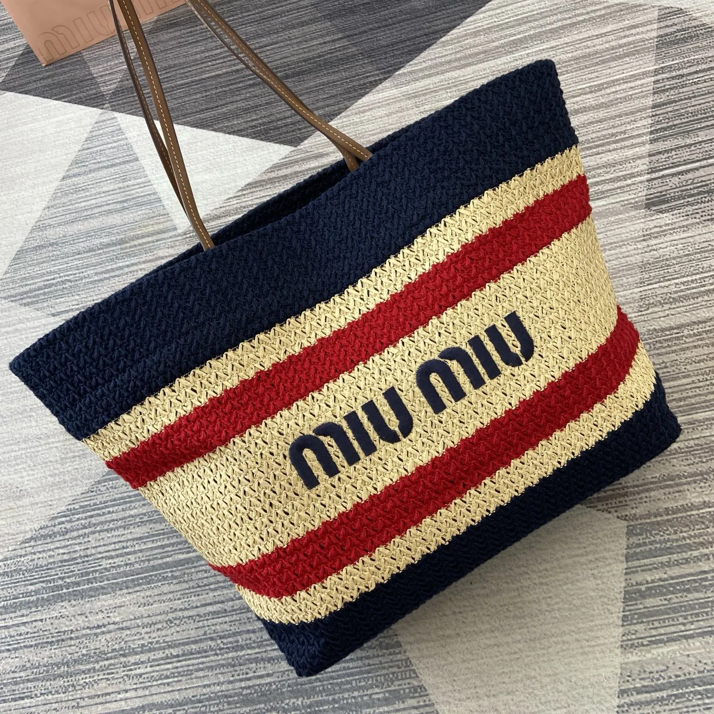Navy blue raffia knit tote bag, Miu Miu inspired summer fashion accessory 5BG228, premium design