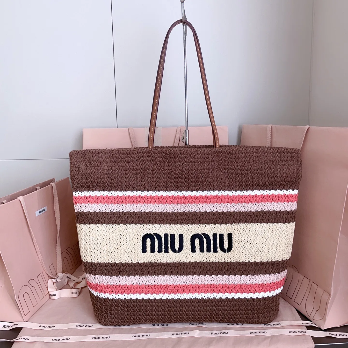 Miu Miu 5BG228 Raffia Crochet Tote Bag Blue - Luxury Summer Beach Bag US UK Shipping
