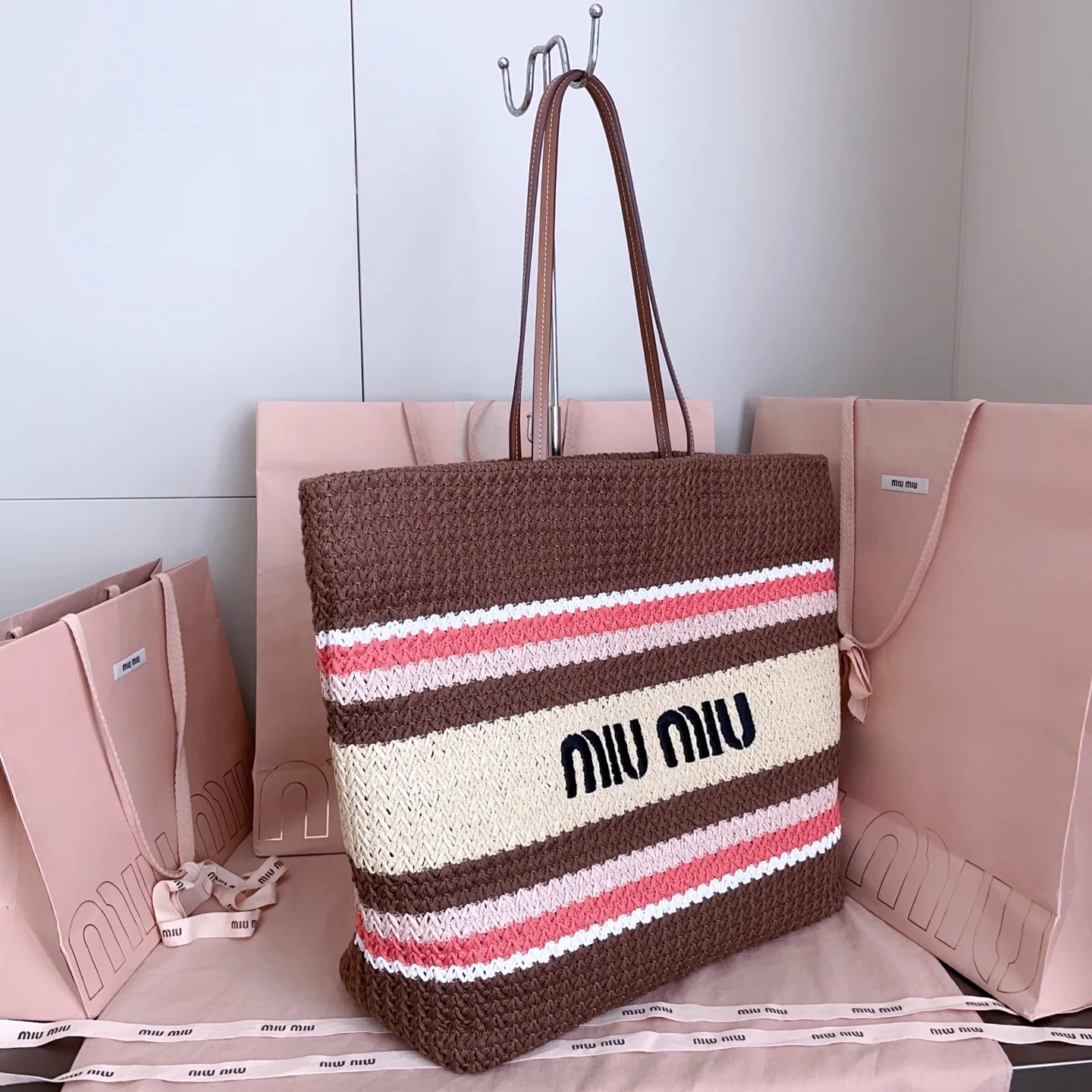 MiuMiu IVO 5BG228 Woven Raffia Cotton Thread Tote Bag Light Blue - Designer Resort Fashion Australia