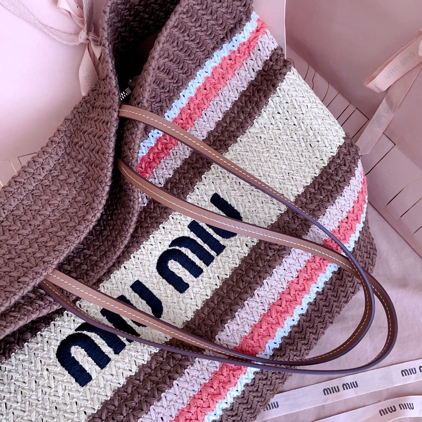 Lightweight Large Capacity Miu Miu Straw Woven Shoulder Bag Blue - Luxury Vacation Essentials Europe