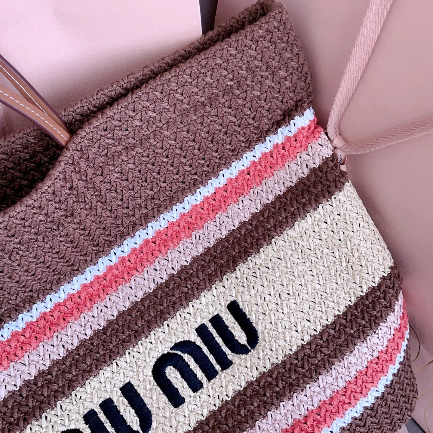 MiuMiu 5BG228 Blue Raffia Tote Close Up Details - Original Quality Materials QC Photos