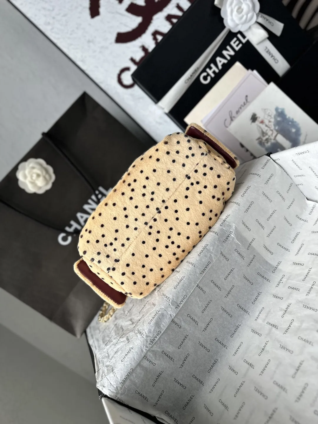 现货更新！【出货配原版包装】Chanel 26高级手工坊最新款👉 AS5631# 先背为敬🥂 马修的第一个香奈儿高级手工坊系列，总算是摸到实物了，天晓得我好爱这一季的动物以及动物纹‼️ 🐆 封面那只皮毛一体又像狗又像豹的mini 25 Bag本季最爱，没有之一，我一个本身对25 Bag尤其是小号和迷你号真的都还好，没啥感觉的人（主要是觉得背也不太对头拎手上也不对头），完全无法拒绝这个毛乎乎糯叽叽的小可爱，必须拥有（想必又是一阵腥风血雨的抢&hellip; 🐕 其次喜欢的就是几乎在香奈儿难得一见的豹纹，这季把斜纹软呢织成了豹纹，不仅放到了衣服上，还有配套的豹纹CF，加上大尺寸，直接男女通吃 🦒 另外的新包相对来说比较常规，松果、苹果以及巨重无比的长颈鹿都是收藏家系列了，普通玩家欣赏即可&hellip;麂皮相机包和双C豆腐包倒有点意外喜欢，最后强行安利下那个灵缇狗子胸针，过于高贵闪耀了！ size：𝟤𝟢*𝟤𝟤*𝟣𝟤.𝟧 𝖼𝗆
