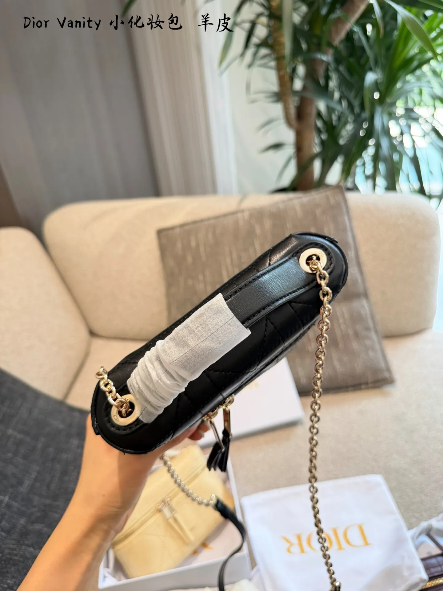 p215 Dior lp小盒子Vanity化妆包​​ 🖤Dior Lady戴妃Vanity化妆包，羊皮经典藤格纹缝线，金色链条&拉链超有质感✨。尺寸19cm迷你小巧，手提or斜挎都OK，日常出街、约会都能轻松驾驭！灵感来自戴妃包，复古优雅又实用，化妆包&手袋二合一，通勤、旅行都能装下小物，时髦又百搭💼。