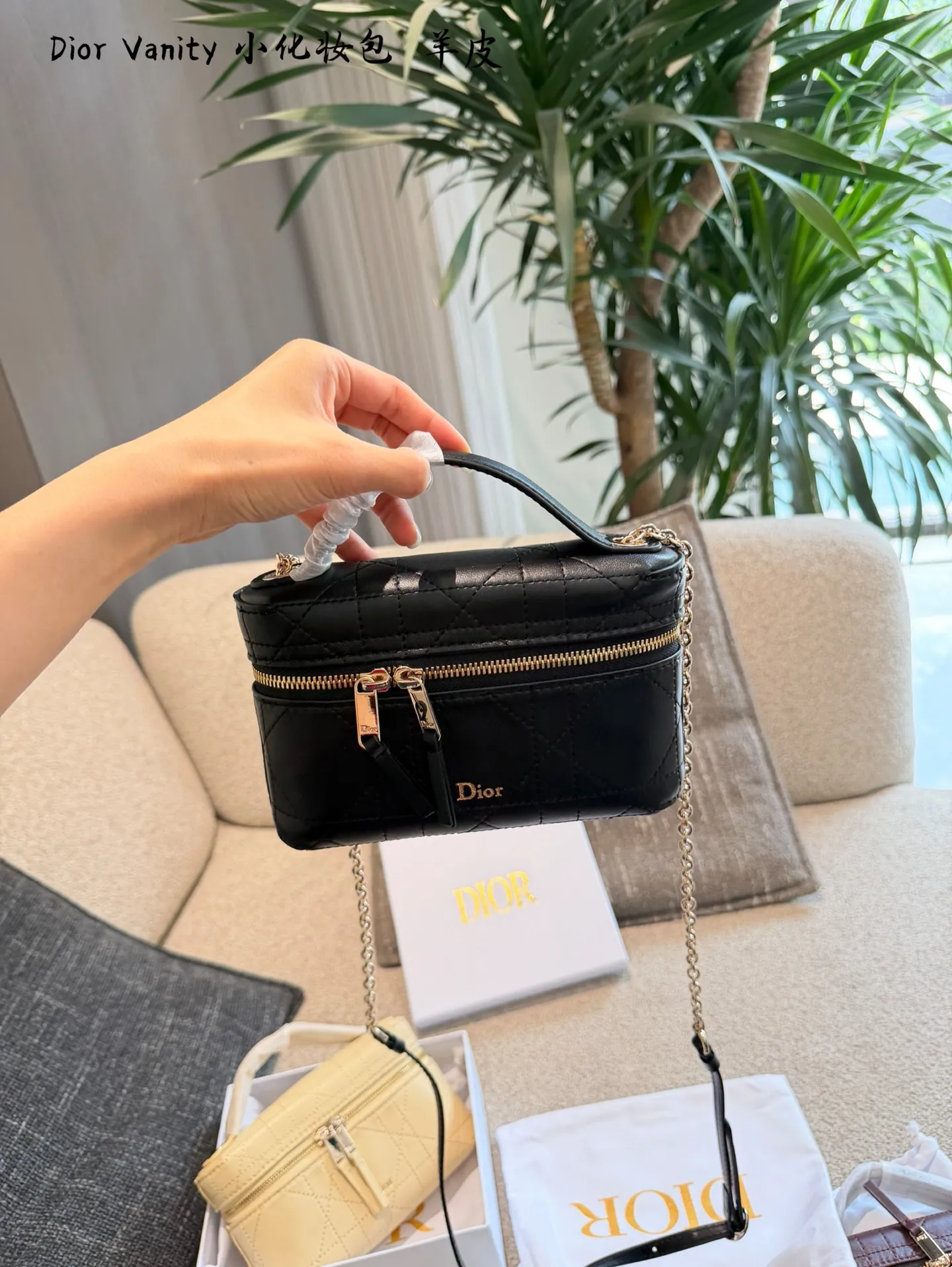 p215 Dior lp小盒子Vanity化妆包​​ 🖤Dior Lady戴妃Vanity化妆包，羊皮经典藤格纹缝线，金色链条&拉链超有质感✨。尺寸19cm迷你小巧，手提or斜挎都OK，日常出街、约会都能轻松驾驭！灵感来自戴妃包，复古优雅又实用，化妆包&手袋二合一，通勤、旅行都能装下小物，时髦又百搭💼。