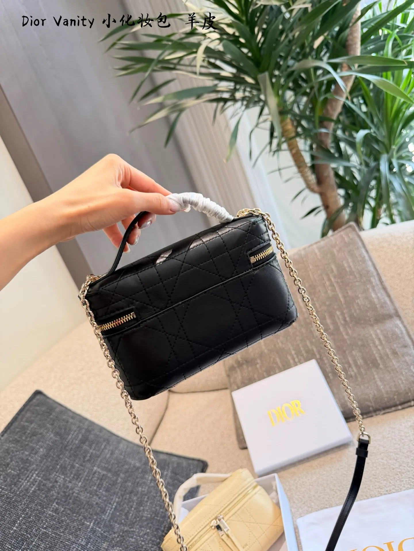 p215 Dior lp小盒子Vanity化妆包​​ 🖤Dior Lady戴妃Vanity化妆包，羊皮经典藤格纹缝线，金色链条&拉链超有质感✨。尺寸19cm迷你小巧，手提or斜挎都OK，日常出街、约会都能轻松驾驭！灵感来自戴妃包，复古优雅又实用，化妆包&手袋二合一，通勤、旅行都能装下小物，时髦又百搭💼。
