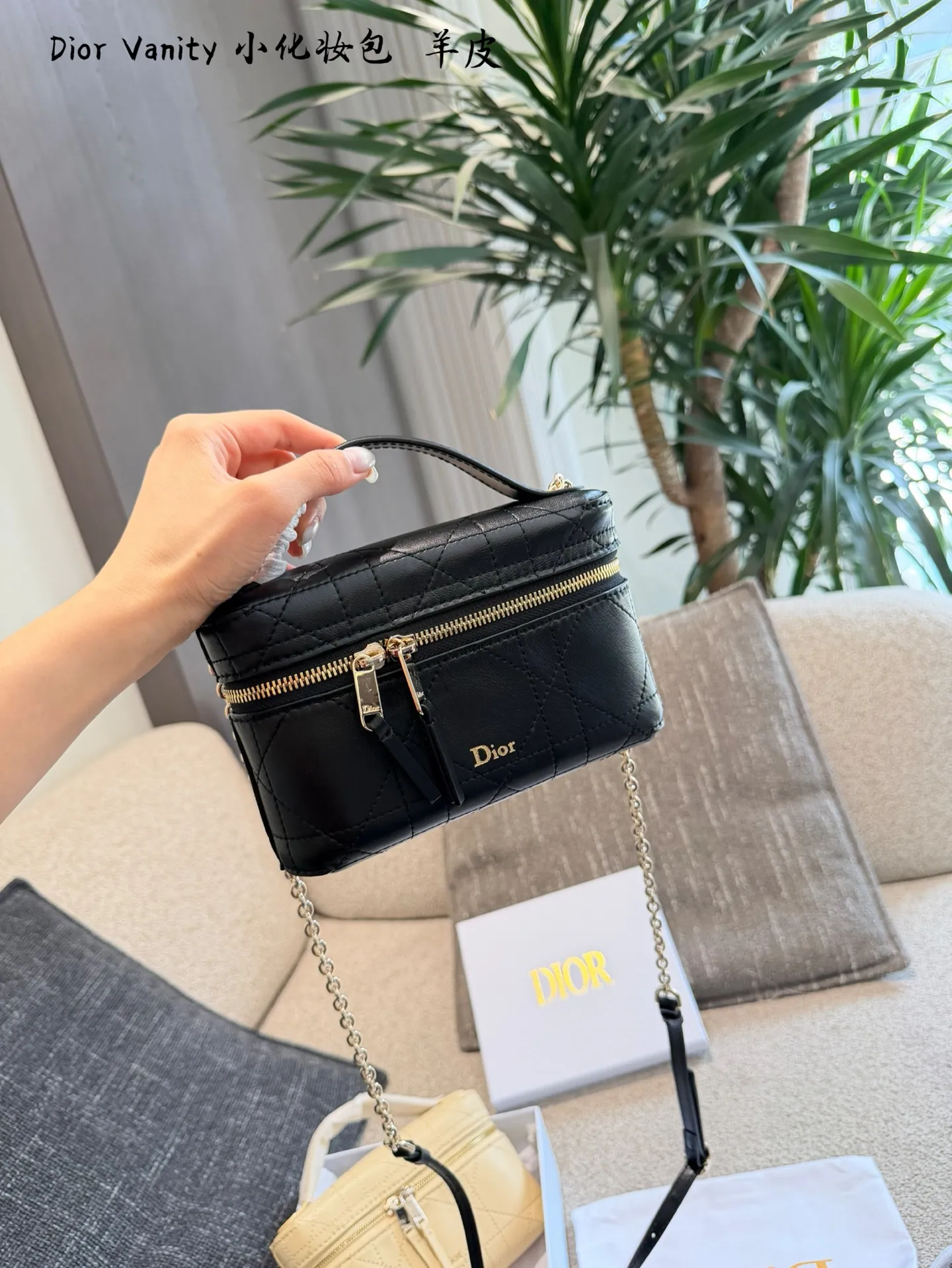 p215 Dior lp小盒子Vanity化妆包​​ 🖤Dior Lady戴妃Vanity化妆包，羊皮经典藤格纹缝线，金色链条&拉链超有质感✨。尺寸19cm迷你小巧，手提or斜挎都OK，日常出街、约会都能轻松驾驭！灵感来自戴妃包，复古优雅又实用，化妆包&手袋二合一，通勤、旅行都能装下小物，时髦又百搭💼。