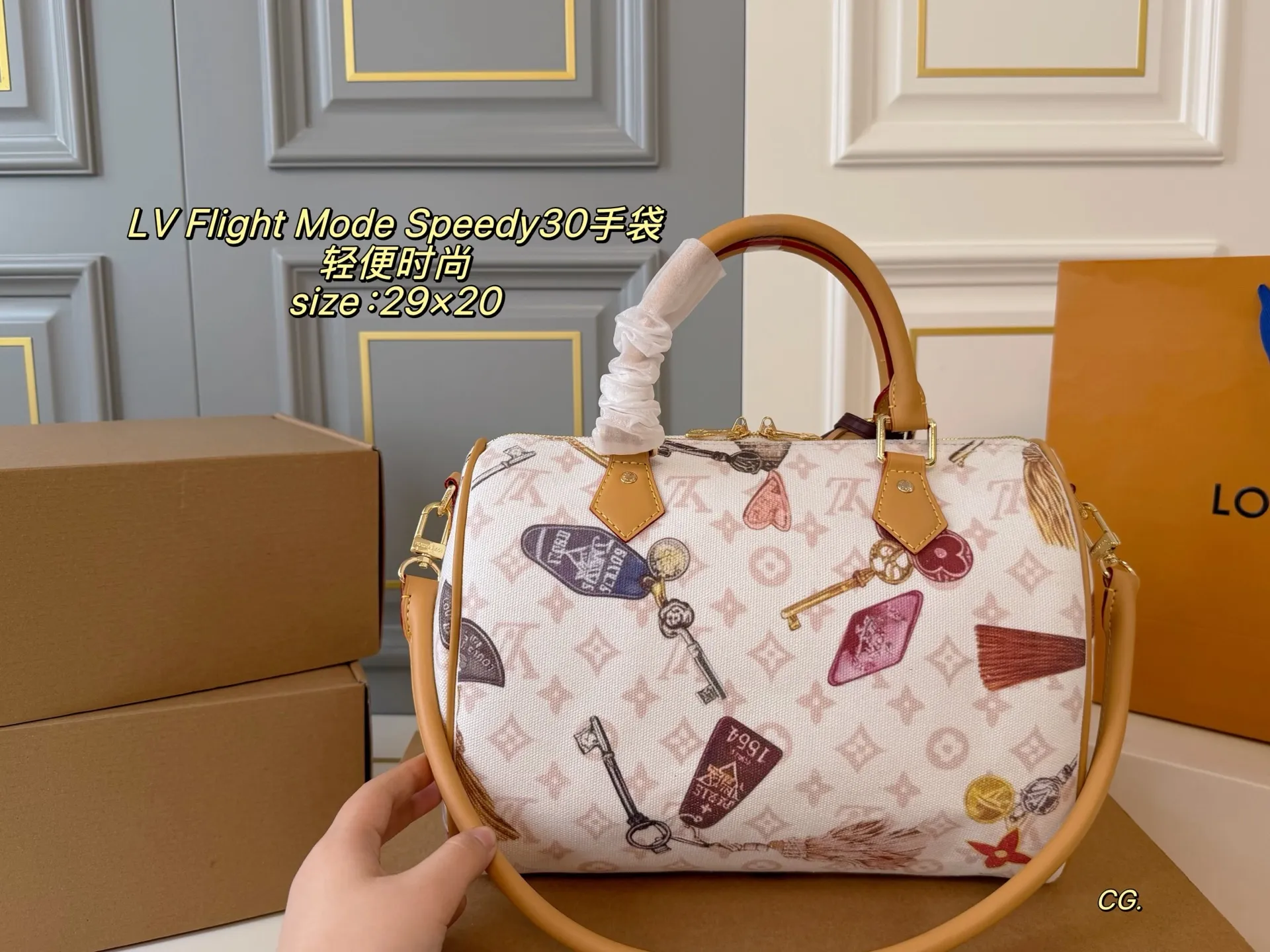 P175 （无盒） size:29&times;20 LV路易威登Flight Mode Speedy 30手袋枕头包💕 轻便耐用。包身印有钥匙、行李牌等旅行元素，灵感满满。容量适中，通勤或短途旅行都很OK！ 肩带🉑手提🉑斜挎，随心切换，实用又时髦✨