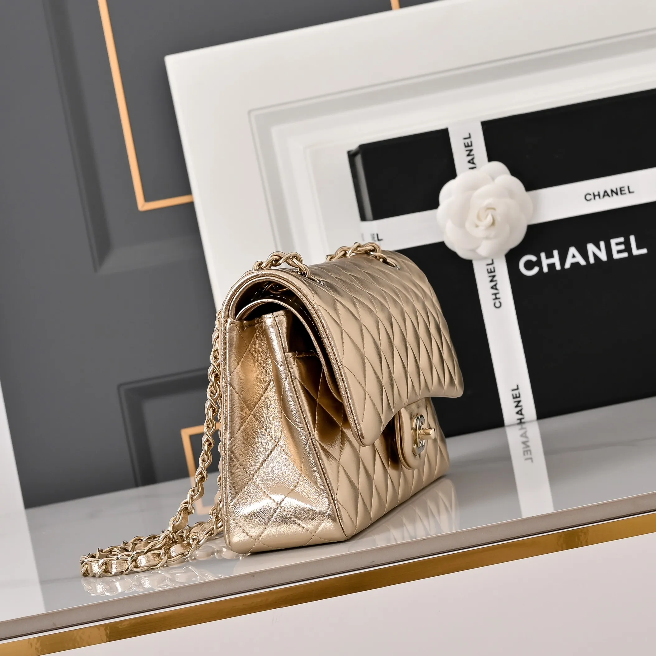 Classic Flap Medium Lambskin Shoulder Bag with Light Gold Hardware (Model 1112) - Premium Quilted Leather Handbag - Express Shipping to Europe, UK, Germany & France