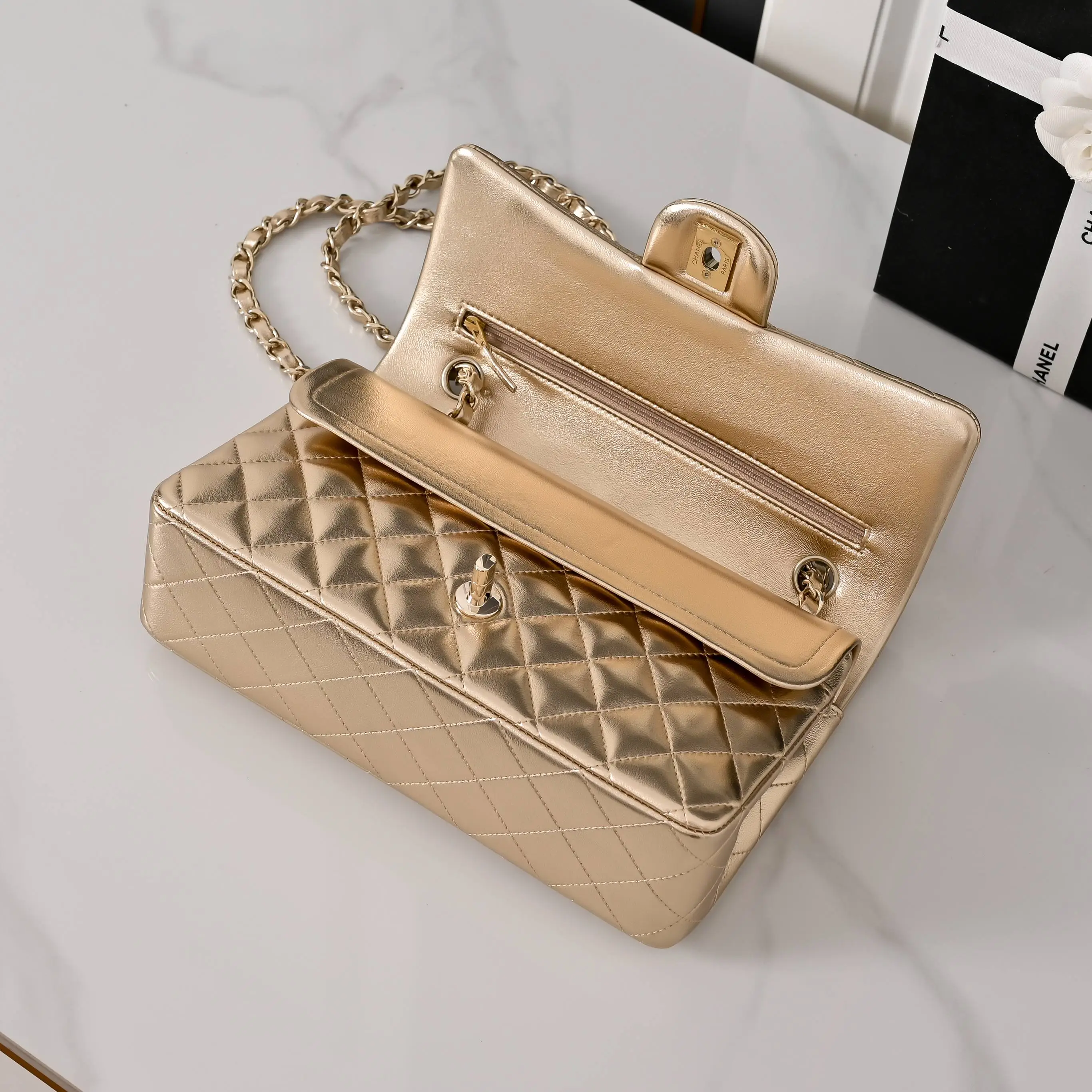 Classic Flap Medium Lambskin Shoulder Bag with Light Gold Hardware (Model 1112) - Premium Quilted Leather Handbag - Express Shipping to Europe, UK, Germany & France